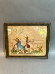Antique Framed Children Embroidered Picture