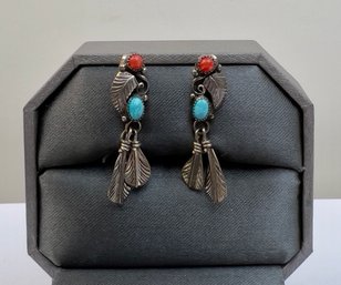 Native Southwest Style Silver Earrings With Coral And Turquoise Accents