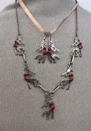 Silver Kokopele Necklace & Earrings Set W/coral Accent