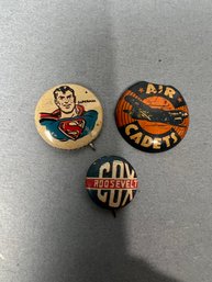 Group Of 3 Small Vintage Pins - Superman, Roosevelt & Air Cadets