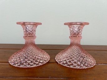 Pair Of Pink Depression Glass Candlesticks