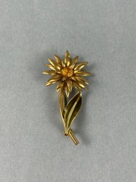Vintage Flower Brooch With Enamel Leaf