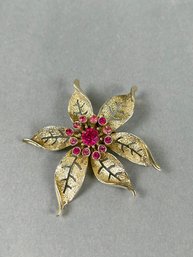 Large Silvertone And Pink Rhinestone Floral Brooch