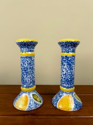 Pair Of Blue Sponge Glazed Candlesticks With Lemon & Lime Accent Design