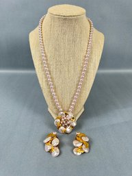 Vintage Faux Pink Pearl Necklace And Earring Set