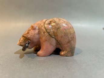 Pink Stone Bear With Fish In Mouth