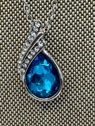 Silvertone Necklace With Blue Stone Pendant