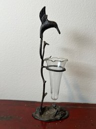 Hummingbird And Frog Iron Bud Vase Stand.