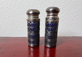 Silver Plate And Cobalt Glass Salt & Pepper Shakers.