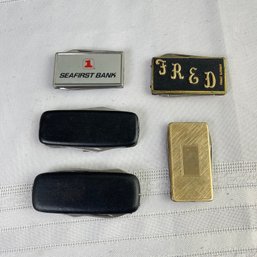 Lot Of 5 Pocket Knives Money Clips Seafirst Bank Assorted