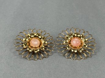 Large Pink And Goldtone Earrings Clip On