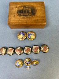 11 Antique Porcelain Buttons In Wood Box.