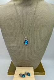 Silvertone Necklace  With Blue Stone Pendant And Matching Pierced Earrings