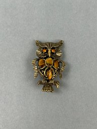 1970s Owl Metal Brooch With Tigers Eye