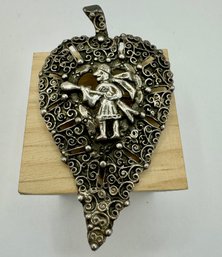 Peruvian Art Silvertone Brooch