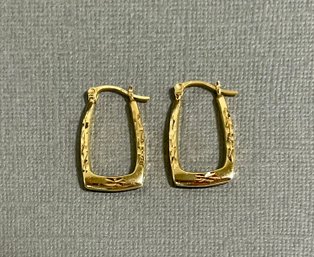 14k Yellow Gold Rectangle Etched Design Loop Pierced Earrings