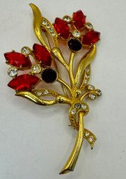 Goldtone Brooch With Red Stones