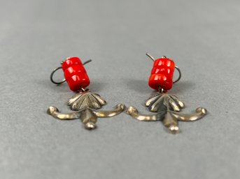 Vintage Coral And Silver Drop Earrings
