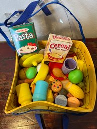 Lot Of Play Kitchen Toys In A Vinyl Basket.