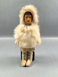 Pacific Coast Native Doll With Animal Fur And Wood Face