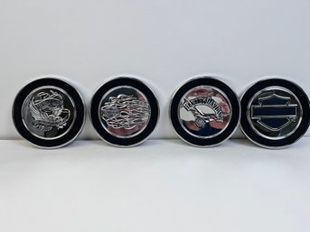Set Of 4 Harley Davidson Chrome And Black Coasters With Wood Case.