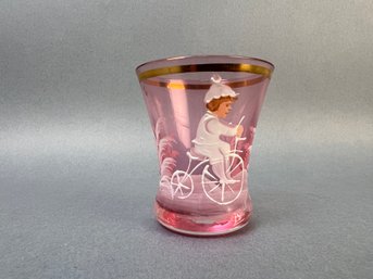 Vintage Hand Painted Boy On A Bike Rose Glass Small Glass. -possibly Mary Gregory