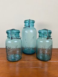 Lot Of 3 Ball Ideal Blue Glass Bail Top Canning Jars - Pat'd 1908