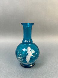 Mary Gregory Vintage Small Blue Glass Vase With Hand Painted Girl On Beach Scene.