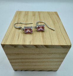 Silvertone Earrings With Pink Stone.