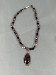 Black Pearl Glass And Eudialyte Sterling Necklace