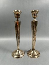Pair Of Tall Sterling Silver Candlesticks With Etched Pattern - Weighted Base
