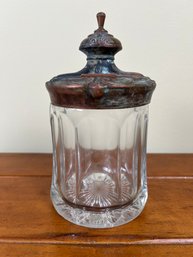 Vintage Heavy Glass Vanity Jar With Ornate Metal Top