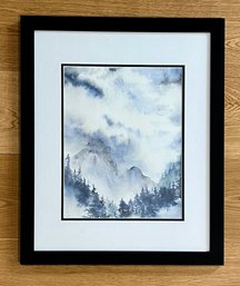 Framed Watercolor Print Of Cloudy Forest Mountains