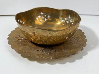 Vintage Brass Gold Fruit Bowl With Matching Tray Platter