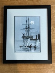Framed Watercolor Orca & Ship Scene - Tandecki