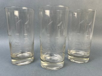 3 Vintage Tumblers Etched With A Schooner.