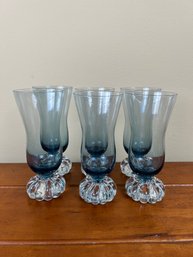 Set Of 7 Vintage Smoke Blue Drinking Glasses With Heavy Twisted Clear Glass Foot