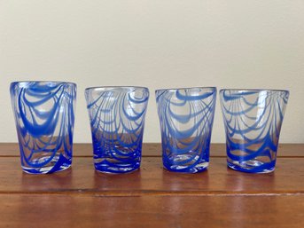 Set Of 4 Blue & Clear Swirel Glass Juice Glasses