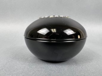 Faux Diamond Decorated Black Glass Covered Trinket Dish.