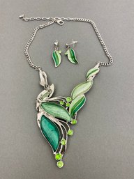 Silver & Green Glass Necklace With Matching Earrings