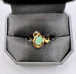 14k Yellow Gold Freeform Ring With Opal & Clear Stone ~ Sz 5.5