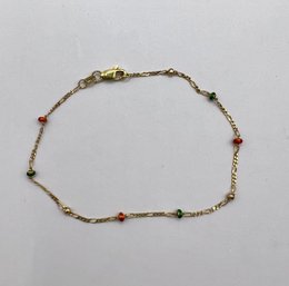 14k Yellow Gold With Red, Green And Gold Enamel Beads Bracelet ~ 7.25