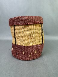 American Native Inspired Washed Red And Tan Basket With Lid