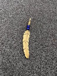 14k Yellow Gold Feather Pendant W/blue Bead Accent