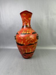 Asian Inspired Terra Cotta Color Vase With Metal Handles