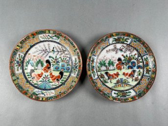 Pair Of Chinese Rose Medallion Saucers With Roosters