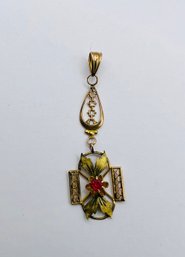 10k Dangle Pendant With Leaves & Red Stone