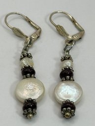 Freshwater Pearls And Garnets On Sterling Silver Earrings