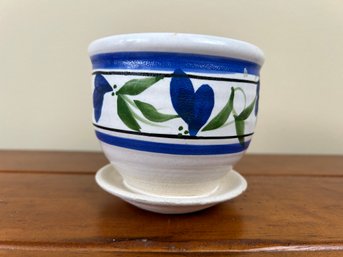 Small Glazed Flower Pot - White With Blue Flowers