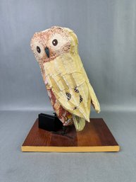 Paper Mache Owl With Spring Feet On Wood Base